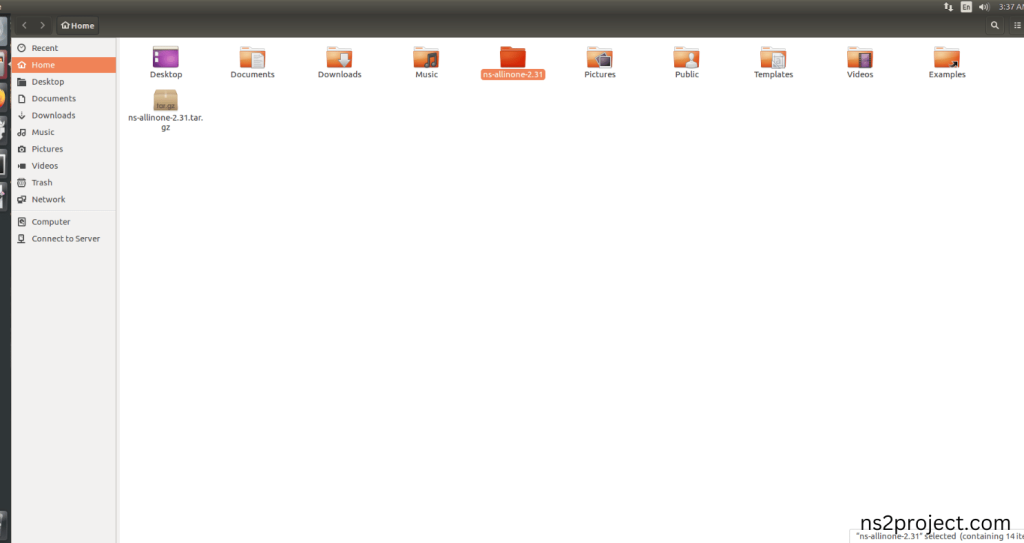 Extraction of the ns-allinone-2.31.tar.bz2 file