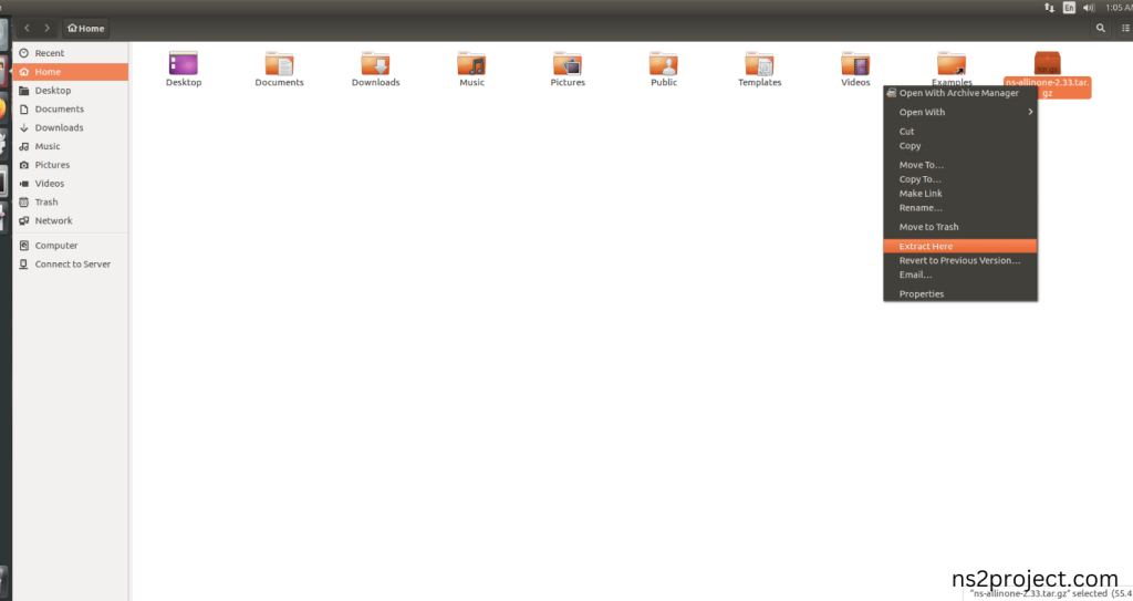 Extraction of the ns-allinone-2.33.tar.bz2 file