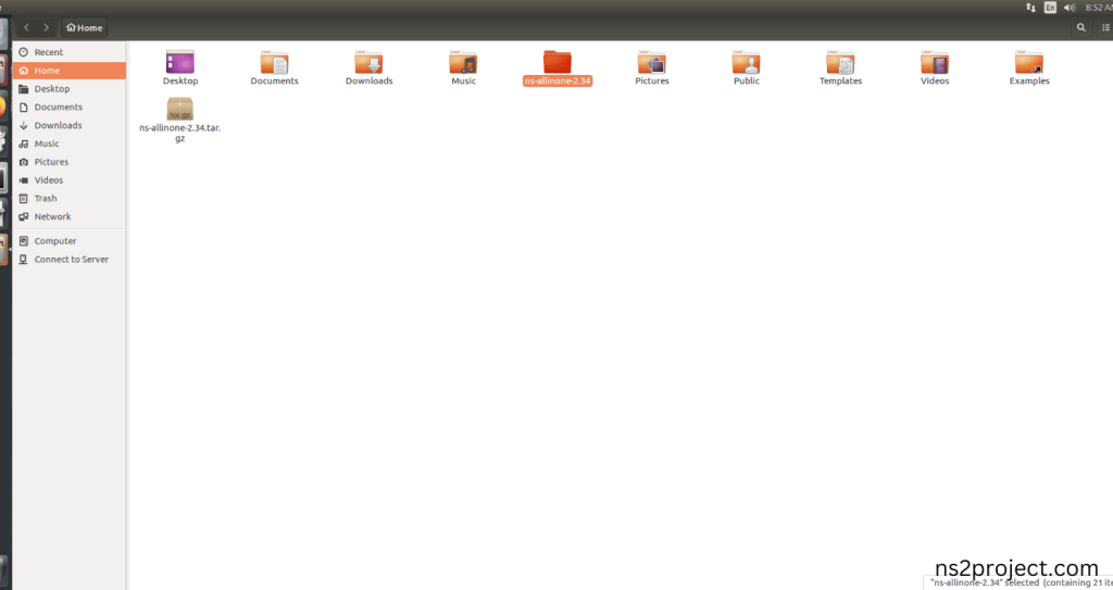 Extraction of the ns-allinone-2.34.tar.bz2 file