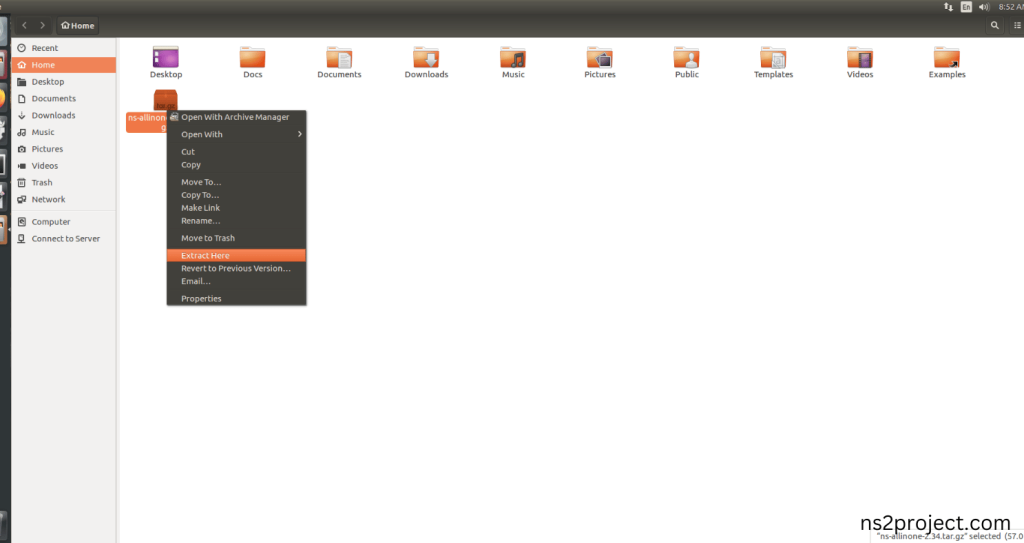 Extraction of the ns-allinone-2.34.tar.bz2 file
