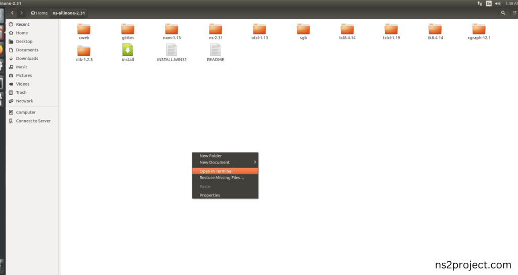 Launching the terminal in the ns-allinone-2.31 Folder