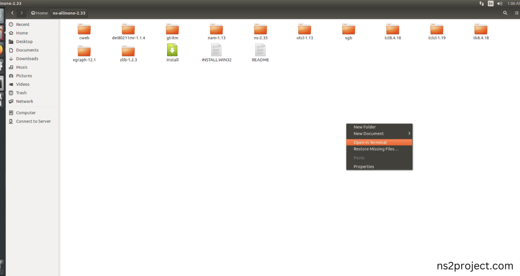 Launching the terminal in the ns-allinone-2.33 Folder
